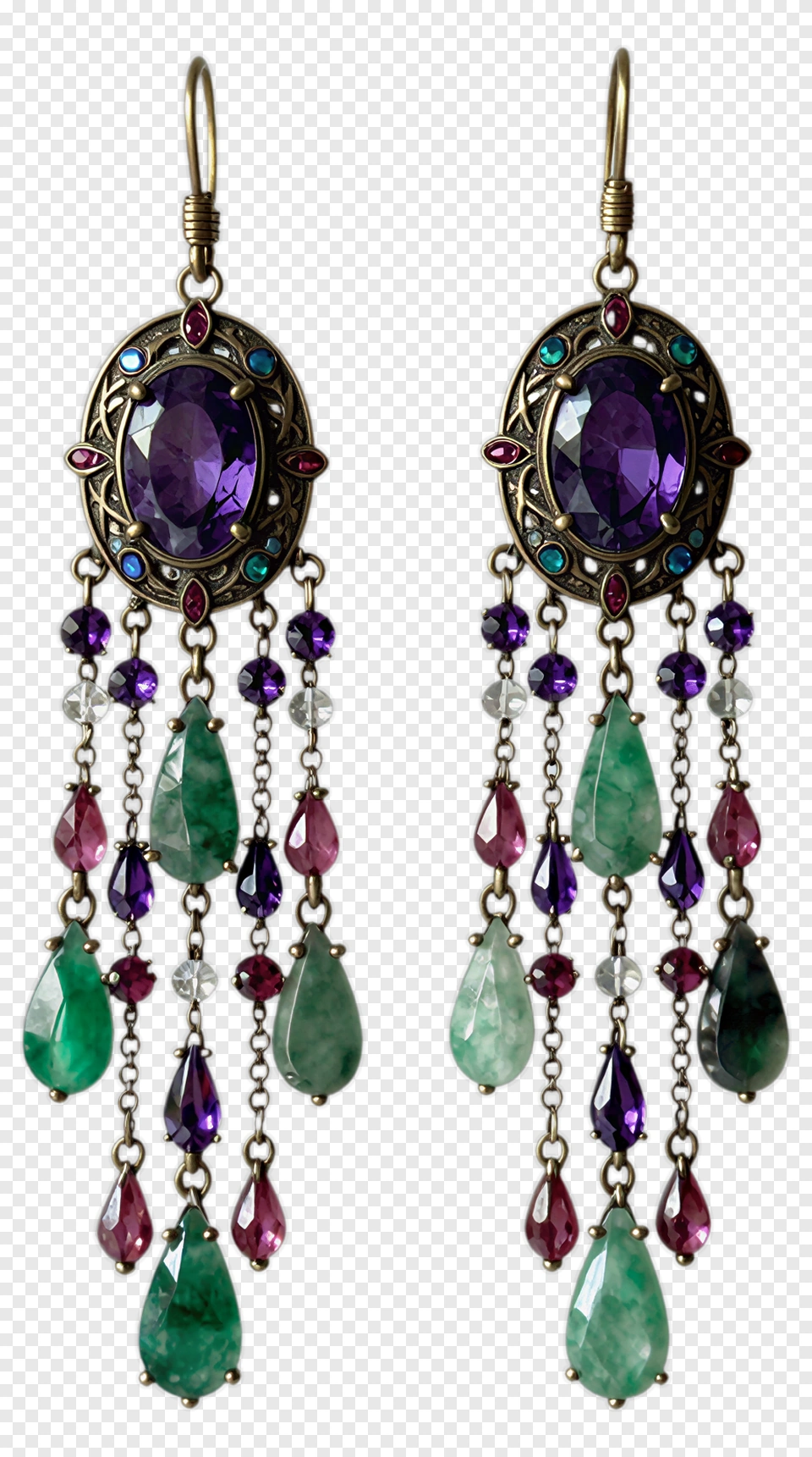 Colorful Vintage Earrings With Gemstone Drops PNG
